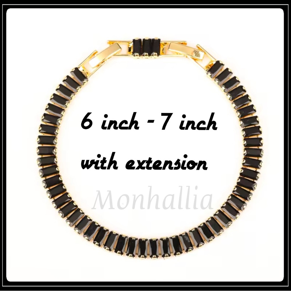 NEW 14K GOLD SQUARE CUT BAGUETTE PAVE SIMULATED ONYX STONE TENNIS BRACELET - Picture 6 of 6